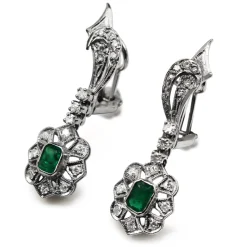Palladium Art Deco Emerald and Single Cut Diamond Earrings