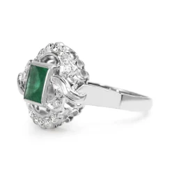 Palladium Art Deco Emerald and Diamond Ring