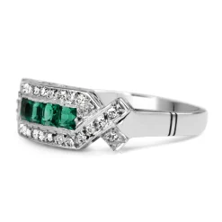 Palladium Art Deco Emerald and Single Cut Diamond Ring
