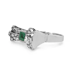Palladium Art Deco Emerald and Rose Cut Diamond Bow Ring