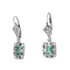 Palladium Art Deco Emerald and Single Cut Diamond Earrings
