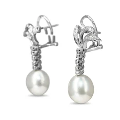 Palladium Art Deco 11mm South Sea Pearl Earrings with Single Cut Diamonds