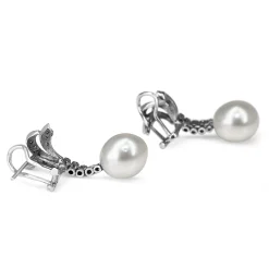 Palladium Art Deco 11mm South Sea Pearl Earrings with Single Cut Diamonds