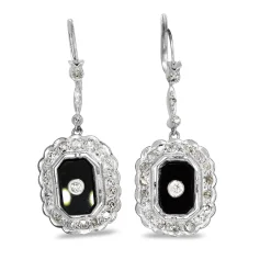 Palladium Art Deco Onyx and Old Cut Diamond Drop Earrings