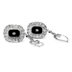 Palladium Art Deco Onyx and Old Cut Diamond Drop Earrings
