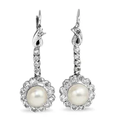 Palladium Art Deco Pearl and Diamond Daisy Drop Earrings