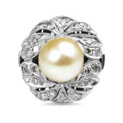 Palladium Art Deco Pearl and Single Cut Diamond Ring