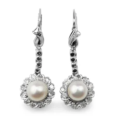 Palladium Art Deco Pearl and Diamond Daisy Drop Earrings