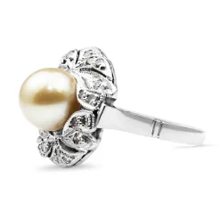 Palladium Art Deco Pearl and Single Cut Diamond Ring