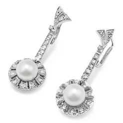 Palladium Art Deco Pearl and Single Cut Diamond Drop Earrings