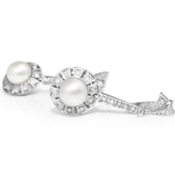 Palladium Art Deco Pearl and Single Cut Diamond Drop Earrings