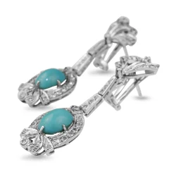 Palladium Art Deco Turquoise and Single Cut Diamond Drop Earrings