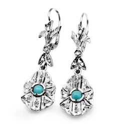 Palladium Art Deco Turquoise and Single Cut Diamond Earrings