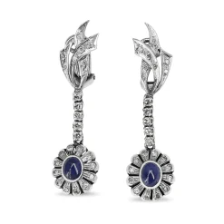 Palladium Cabochon Sapphire and Single Cut Diamond Vintage Earrings