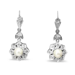 Palladium Cultured Pearl and Rose Cut Diamond Art Deco Earrings