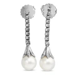 Palladium Cultured Pearl and Single Cut Diamond Drop Earrings