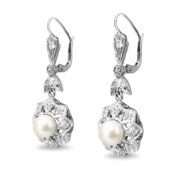 Palladium Cultured Pearl and Rose Cut Diamond Art Deco Earrings