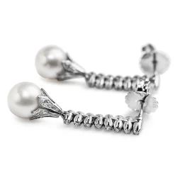 Palladium Cultured Pearl and Single Cut Diamond Drop Earrings