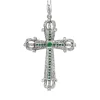 Palladium Deco Emerald and Single Cut Diamond Cross Necklace