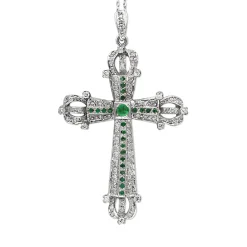 Palladium Deco Emerald and Single Cut Diamond Cross Necklace