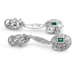 Palladium Deco Emerald and Diamond Drop Earrings