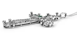 Palladium Deco Emerald and Single Cut Diamond Cross Necklace