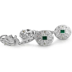 Palladium Deco Emerald and Diamond Drop Earrings