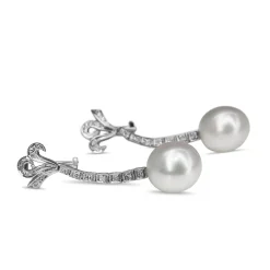 Palladium Deco Vintage Single Cut Diamond and 12mm South Sea Pearl Earrings