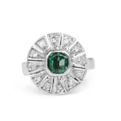 Palladium Emerald and Diamond Art Deco Ring