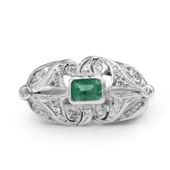 Palladium Emerald and Diamond Art Deco Ring