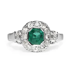 Palladium Emerald and Diamond Vintage Ring