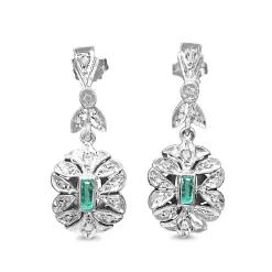 Palladium Emerald and Rose Cut Diamond Earrings
