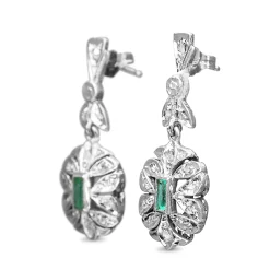 Palladium Emerald and Rose Cut Diamond Earrings