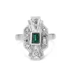 Palladium Emerald and Single Cut Diamond Art Deco Ring