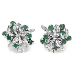 Palladium Emerald and Single Cut Diamond Vintage Earrings