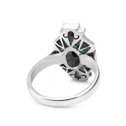 Palladium Emerald and Single Cut Diamond Art Deco Ring