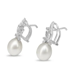 Palladium 10.6mm Fresh Water Pearl and Diamond Vintage Earrings