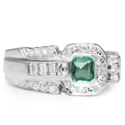 Palladium Retro Emerald and Diamond Ring