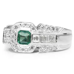 Palladium Retro Emerald and Diamond Ring