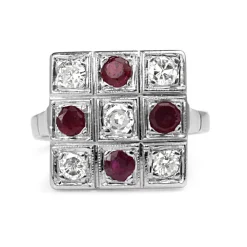 Palladium Ruby and Diamond Checkerboard Ring