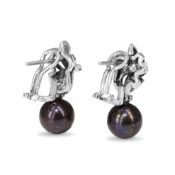 Palladium Vintage Black Fresh Water Pearl and Single Cut Diamond Earrings