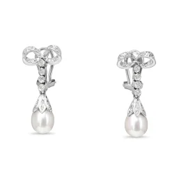 Palladium Vintage 7mm Fresh Water Pearl and Single Cut Diamond Bow Earrings
