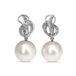 Palladium Vintage 12mm Fresh Water Pearl and Single Cut Diamond Earrings