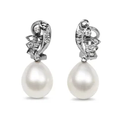 Palladium Vintage 11mm Fresh Water Pearl and Single Cut Diamond Earrings