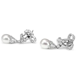 Palladium Vintage 7mm Fresh Water Pearl and Single Cut Diamond Bow Earrings