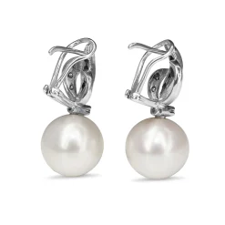 Palladium Vintage 12mm Fresh Water Pearl and Single Cut Diamond Earrings