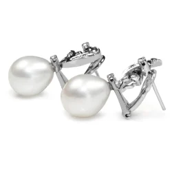 Palladium Vintage 11mm Fresh Water Pearl and Single Cut Diamond Earrings
