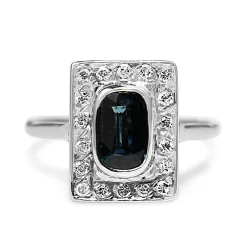 Palladium Vintage Sapphire and Single Cut Diamond Halo Ring