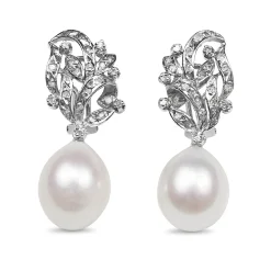 Palladium Vintage Single Cut Diamond Earrings with 13mm Fresh Water Pearls