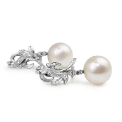 Palladium Vintage Single Cut Diamond 14mm Fresh Water Pearl Earrings